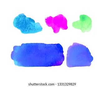 Set of watercolor elements in bright colors. Vector textured illustration. Abstract aquarelle stains isolated on white background. Hand drawn paint blotch for your design, logo, emblem, banner. 