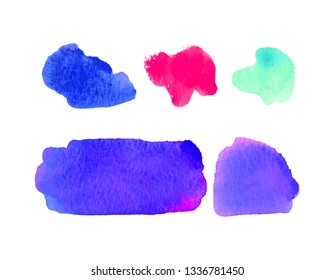Set of watercolor elements in bright colors. Vector textured illustration. Abstract aquarelle stains isolated on white background. Hand drawn paint blotch for your design, logo, emblem, banner. 
