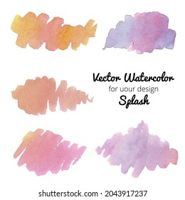 Set of watercolor elements for design in pastel colors. Hand drawn neon modern splash
