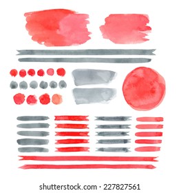 Set of watercolor elements, isolated on white, for trendy design of your website / Vector Illustration
