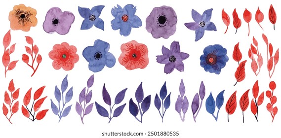 Setzen Sie Aquarellelemente von violetten Rosen. Blumenrot, blau, marineblaue Rose, rosa Blumen, Blätter, Zweige Sammlung für Sträuße, Kränze, Hochzeitseinladungen, Postkarten, Grüße.