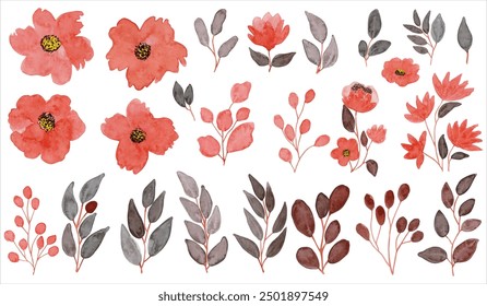 Set watercolor elements of red roses. Watercolor floral arrangements flowers and leaves for wedding stationary, greetings, wallpapers, fashion, watercolor invitation design, cards, wedding.