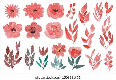 Set watercolor elements of roses. Flower red, rose, green leaves, flowers, leaves. Hand drawn watercolor floral  for bouquets, wreaths, wedding invitations, postcards, greetings.