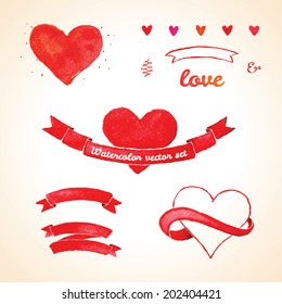 Set of watercolor elements for wedding design, save the date. Vintage wedding ribbons collection.