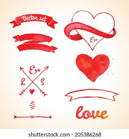 Set of watercolor elements for wedding design, save the date. Vintage wedding ribbons collection.