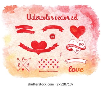 Set of watercolor elements for wedding design, save the date. Vintage wedding ribbons collection.