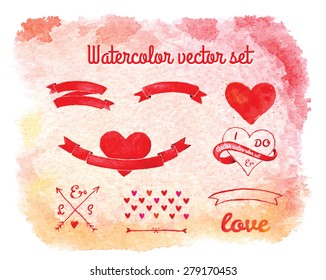 Set of watercolor elements for wedding design, save the date. Vintage wedding ribbons collection.