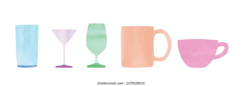 Set Of Watercolor Empty Glassware Vector Illustration. Empty Glassware Clipart. Cocktail Glass, Water Goblet. Mug, Teacup Clipart. Minimalist Glasses Cartoon Drawing Hand Drawn Doodle Style