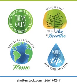 set of watercolor environmental labels, vector illustration