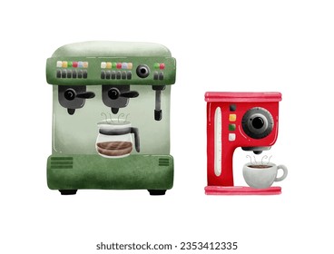 Set of Watercolor Espresso Coffee Machine Drawing Vector