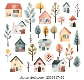 Set of watercolor european houses. Cute childish buildings and trees isolated. Trendy scandi vector background