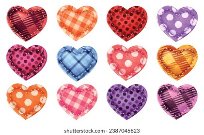 A set of watercolor fabric hearts of different textures and colors vector elements for romantic and valentine concepts. hand made colorful craft hearts.