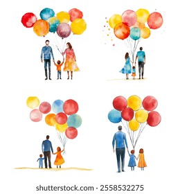 Set watercolor family holding balloon for Valentine's day element