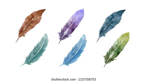 Set de plumas acuarelas aisladas en el fondo blanco para la decoración, tarjeta, invitaciones. Cuadros de acuarela dibujados a mano de pluma vibrante ilustración vectorial