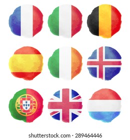 Set of watercolor flags, nine vector icons
