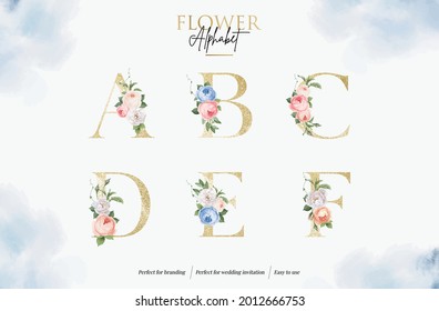 Set Watercolor Floral Alphabet With Golden Letter