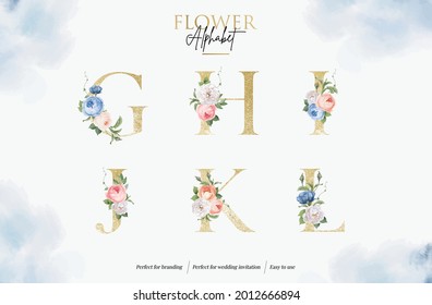 Set Watercolor Floral Alphabet With Golden Letter