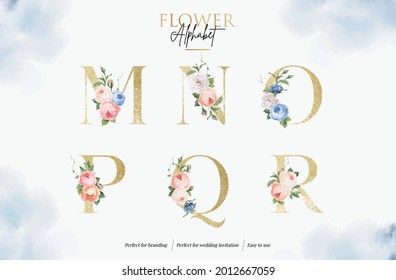 Set Watercolor Floral Alphabet With Golden Letter