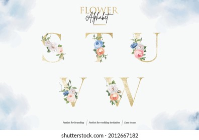 Set Watercolor Floral Alphabet With Golden Letter