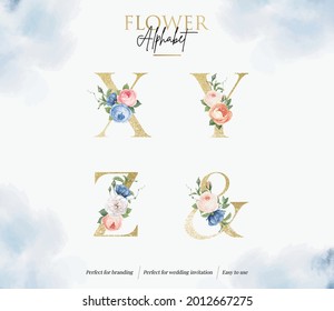 Set Watercolor Floral Alphabet With Golden Letter