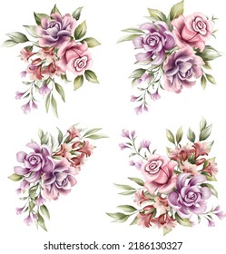 Set of watercolor floral arrangements with red and purple flowers