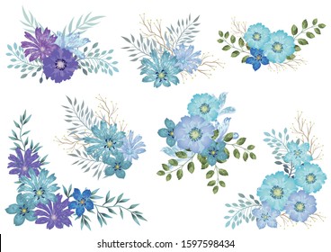 Set of watercolor floral elements isolated on a white background. Vector illustration.
