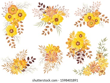 Set of watercolor floral elements isolated on a white background. Vector illustration.