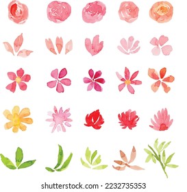 Set of watercolor floral elements isolated on white background. Loose watercolor technique.