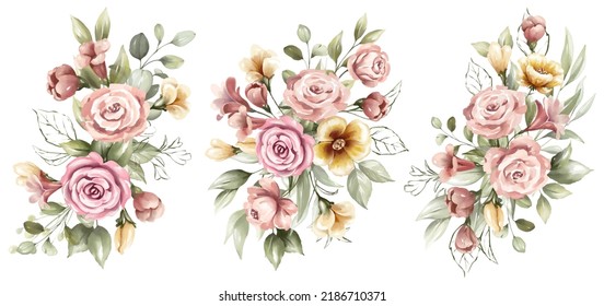 Set of watercolor floral frame bouquets of beautiful flowers