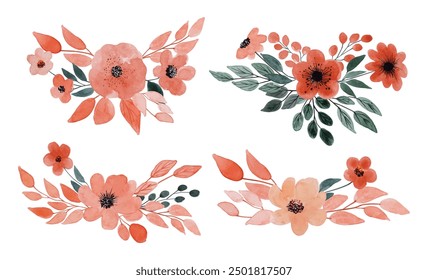 Set of watercolor floral frame bouquets. pink, green leaves watercolor flower arrangement collection. garden pink flowers,  branches, botanic illustration isolated on white background