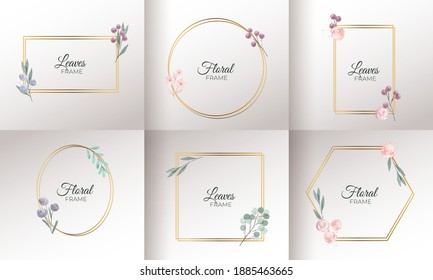 Set of watercolor floral frame for wedding monogram logo and branding logo design. Golden circle and squared elegant borders with floral elements. Vector isolated illustration.