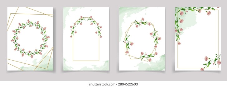 Set of watercolor floral frames with delicate pink floral branches of field bindweed flowers, green foliage, luxurious gold geometric borders. Minimal templates with copy space. Invitations, cards