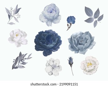 Conjunto de ilustraciones florales de acuarelas. DIY rosa rosa rosa flor azul, hojas verdes colección de elementos individuales - para ramos, coronas, invitaciones de boda, aniversario, cumpleaños, postales, saludos