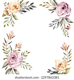 Set of watercolor flower frame border decoration with green leaves illustration for wedding invitation