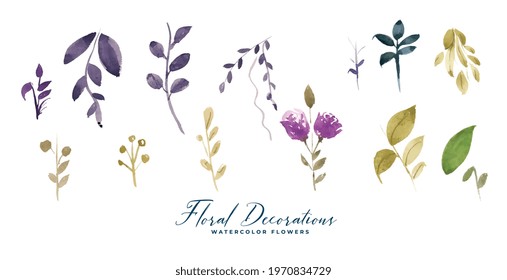 set of watercolor flower and leaves decoration