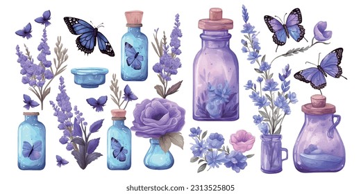 Conjunto de flores acuarelas hojas de planta de lavanda de jarra de aves aisladas en fondo blanco, ilustración de vectores de hierba natural orgánica