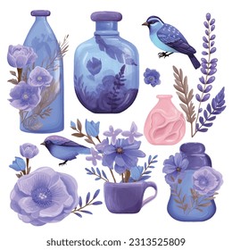 Set of watercolor flowers bird jar lavender plant leaves isolated on white background, organic natural herb vector illustration
