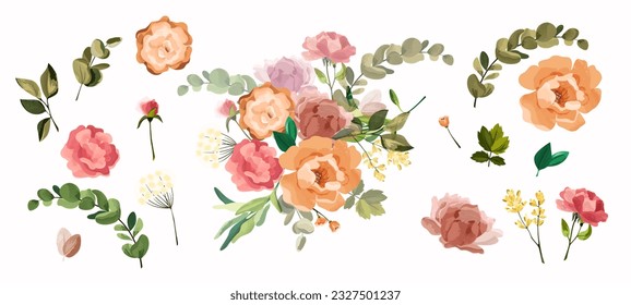 Set with watercolor flowers. Colorful blooming petals and buds, plants and roses. Botany, organic and flowering. Pink wedding arrangements. Cartoon flat vector collection isolated on white background