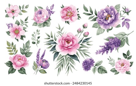 Set of watercolor flowers isolated on white background. Hand-drawn in watercolor set  illustration.
