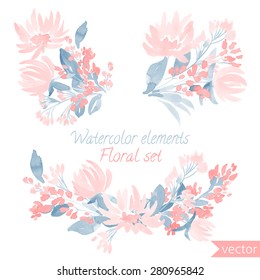 A set of watercolor flowers and leaf. Vector collection with leaves and flowers, hand drawing. Can be used for design for invitation, wedding or greeting cards