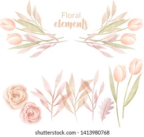 Set of watercolor flowers and leaves