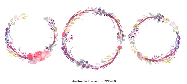 Set of watercolor flowers, leaves, branches, isolated on white. Sketched colorful wreath,groups, garland for romantic wedding, valentines day design. Handdrawn Vector, imitation of Watercolour style.