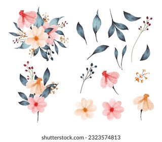 Set of watercolor flowers and leaves collection with bouquet