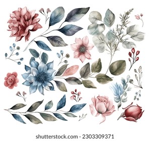 Set of watercolor flowers leaves and twigs on a white background