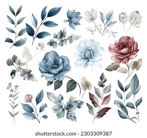 Set of watercolor flowers leaves and twigs on a white background