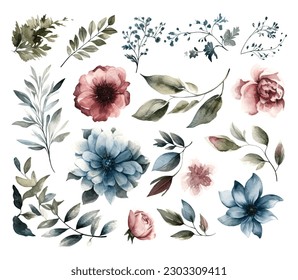 Set of watercolor flowers leaves and twigs on a white background