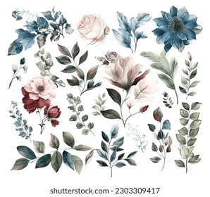 Set of watercolor flowers leaves and twigs on a white background