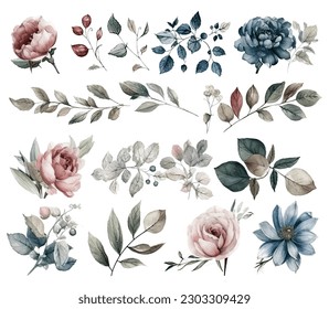 Set of watercolor flowers leaves and twigs on a white background