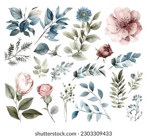 Set of watercolor flowers leaves and twigs on a white background