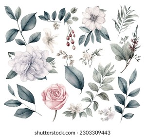 Set of watercolor flowers leaves and twigs on a white background